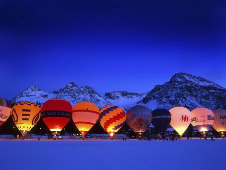 Balloons - abstract, hot air, snow, balloons, mountains, mountain, sky