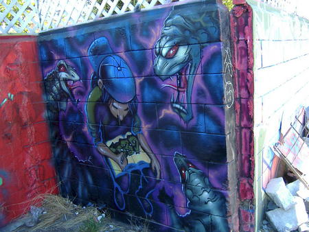 La Baes  2005 - monsters, graffiti mural, boy