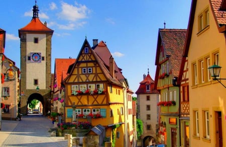 Bavarian Village - bavaria, church steeple, stores, blue sky, houses