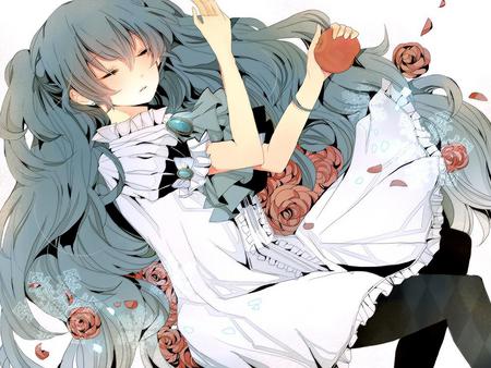 Posion Apple - ribbions, white dress, flowers, apple, cute, miku hatsune