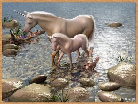 Unicorns in 3D - abstract, baby, 3d, river, mom, fantasy, unicorn