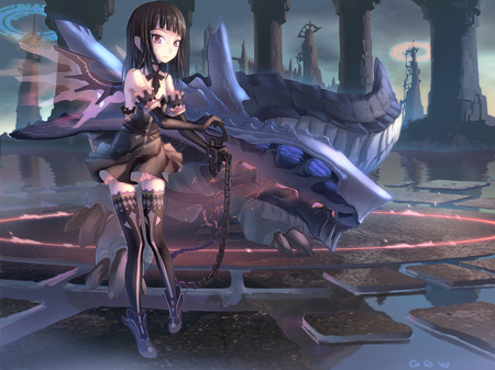 Anime - black, anime, chain, wings, towers, beast