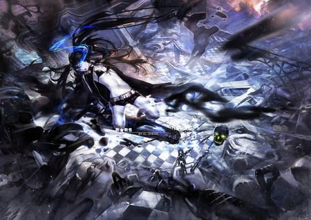 vocaloid - black rock shooter, twintails, scar, sword, skull