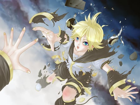 Kagamine Len - anime, vocaloid, kagamine len, blush, blonde hair, short hair, boy, cute, sexy, sky, blue eyes