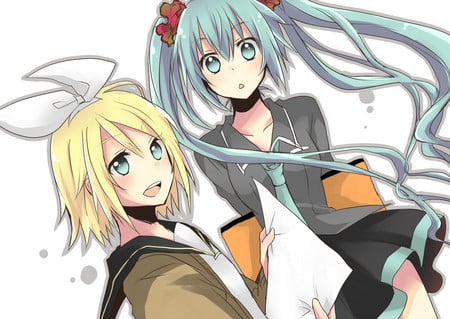 Miku & Rin - anime, vocaloid, twintails, blush, blonde hair, hatsune miku, long hair, girls, short hair, kagamine rin, blue hair, cute, sexy, ribbons, blue eyes