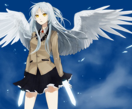 Tachibana Kanade - yellow eyes, anime, girl, angel, angel beats, long hair, white hair, tachibana kanade, wings, cute, weapon, sexy