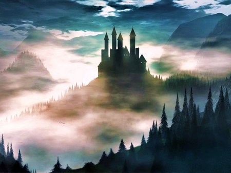 Castle mist - clouds, trees, mist, towers, forest, castle, sky