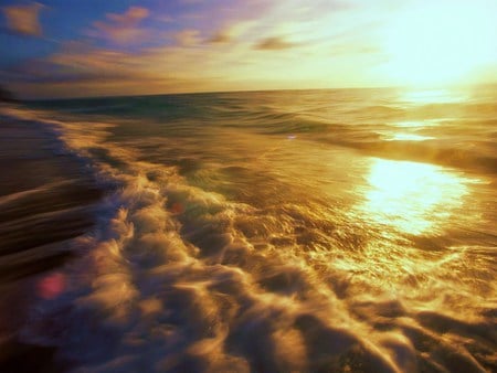 Golden tide - surf, foam, beach, golden, ocean, sun