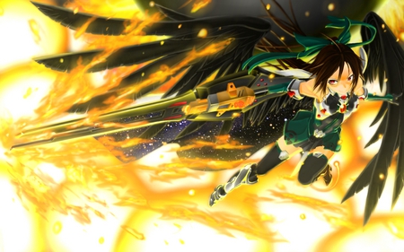 reiuji utsuho - twin tails, anime, wing, hot, reiuji utsuho, thighhighs, firepower, angel, flame, cool, hair bow, touhou, fire, wings, armor cannon, sexy