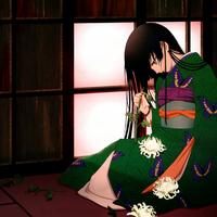 sad girl,green kimono