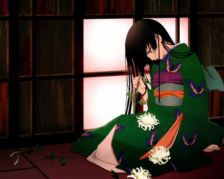 sad girl,green kimono - green kimono, sad girl