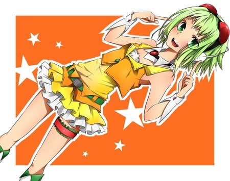 Gumi - anime, vocaloid, girl, orange eyes, green hair, short hair, gumi, cute, sexy