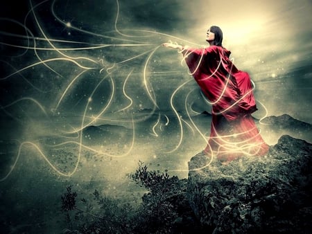 POWER WAVES - fantasy, stand, rock, red dress, girl, power