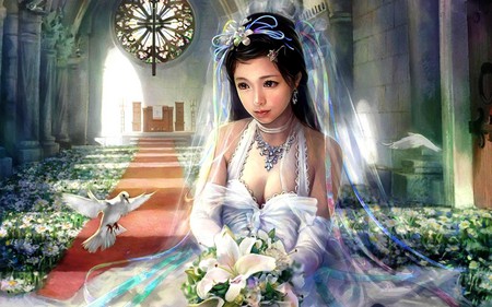 BEAUTIFUL BRIDE - flower, wedding, fantasy, photography, fairy, birds, cool, photo, flowers, i-chen lin, love, anime, bride, decoration, cg, ichen, lovely, doves, white dress, nervous, gown, chruch, cute, beautiful, young, girl, abstract, white, peace, 3d, dream, woman, dreamy, bird, beauty, dove, church, dress, sitting, art, angel