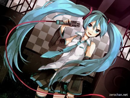 Hatsune Miku - microphone, stage, vocaloids, anime, hatsune miku