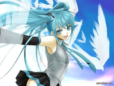 Hatsune Miku - wings, sky, vocaloids, anime, birds, hatsune miku