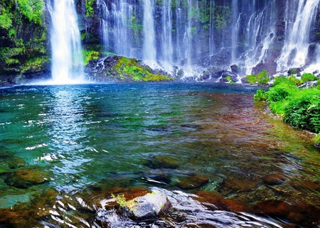 Waterfall of Creative Beauty - panorama, transparent, white, lakes, lagoons, amazing, cool, paysage, land, wonderfall, cena, landscape, cascades, scenario, celar, nature, beautiful, leaves, stones, beauty, nice, trees, water, leaf, wonderful, rocks, orange, green, rivers, scene, fullscreen, paisagem, falls, forests, paisage, waterfalls, moss, plants, creative, foam, creeks, red, blue, cenario, scenery, awesome, natural