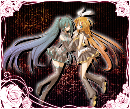 Hatsune Miku and Kagamine Rin - vocaloids, kagamine rin, anime, hatsune miku