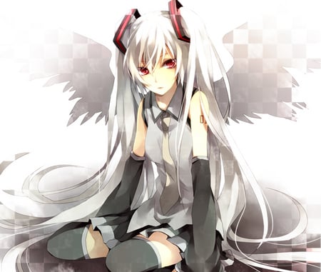 Hatsune Miku - black, anime, white, wings, angel, hatsune miku, vocaloids, red eyes