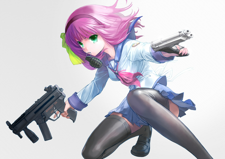 Yuri - gun, sexy, girl, long hair, pink hair, green eyes, yuri, weapon, anime, angel beats, cute