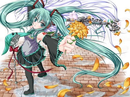 Hatsune Miku - hatsune miku, sexy, girl, twintails, blue eyes, long hair, blue hair, microphone, vocaloid, anime, flowers, cute