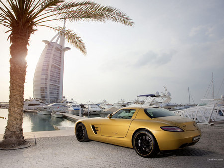 The Mercedes Benz- SLS AMG and Burj al arab Dubai - motor show, amg desert gold, the mercedes benz- sls amg and burj al arab dubai