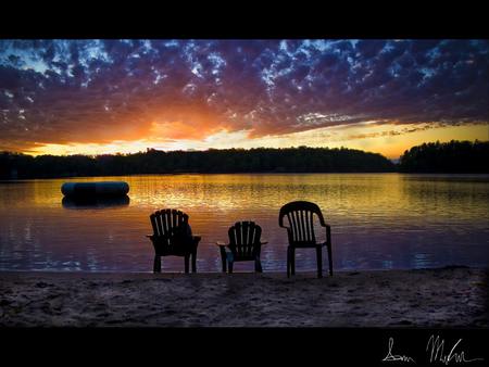 Missing the show - sky, lake, raft, sunset, chairs, silhouettes, reflections, beautiful, sand, boat