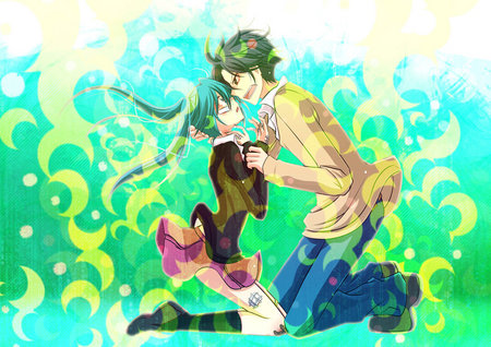 Miku and Mikuo - anime, yellow, mikuo, blue, green, hatsune miku, vocaloids, pink