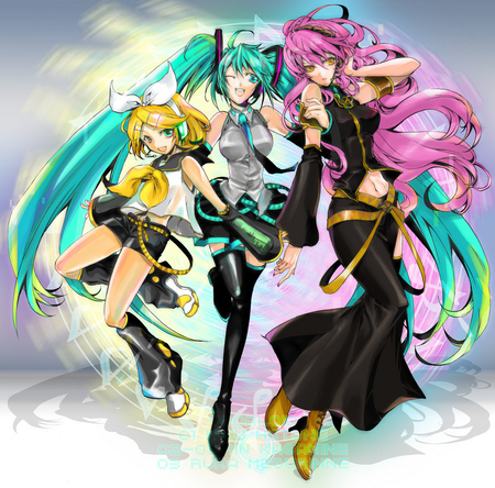 Hatsune Miku, Megurine Luka, and Kagamine Rin - kagamine rin, anime, megurine luka, hatsune miku, vocaloids