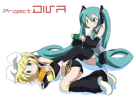 Hatsune Miku and Kagamine Rin - project diva, vocaloids, kagamine rin, project, anime, diva, white, headsets, psp, hatsune miku