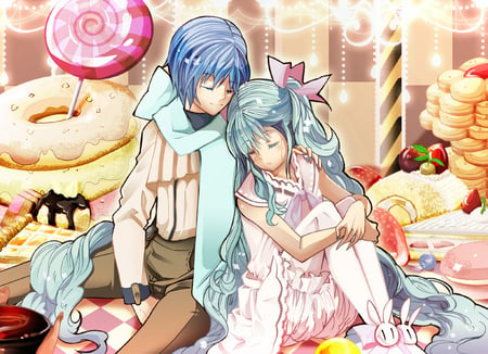 Miku and Kaito - candy, sweets, vocaloids, hatsune miku, donuts, anime, kaito, lollipop