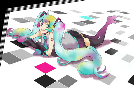 Hatsune Miku - anime, blue, hatsune miku, pink, checkered, black, white, purple, vocaloids