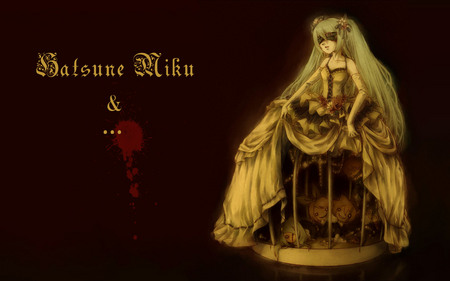 Hatsune Miku - hatsune miku, blood, black, white, cage, vocaloids, red, anime, gore