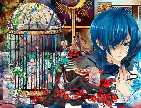 Miku and Kaito - hatsune miku, blood, kaito, vocaloids, cage, red, blue, green, anime, colors, checkered