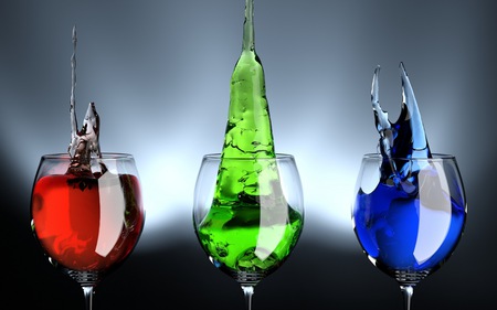 Red,Green,Blue Liquids - glasses, water