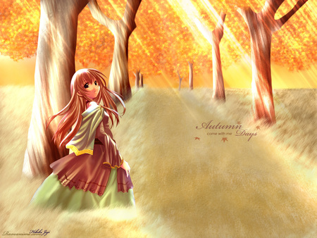 Autumn Days - anime, trees, girl, day, autumn, grass