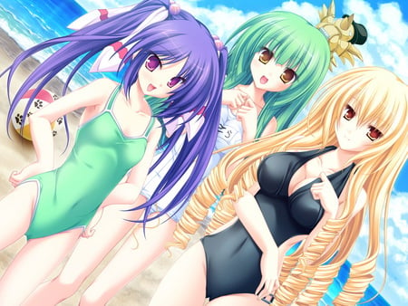 Beach Girls - girls, sky, beach, clouds, anime