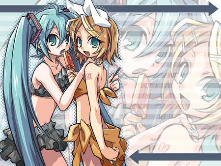 Hatsune Miku and Kagamine Rin - bikini, kagamine rin, vocaloids, anime, ice cream, hatsune miku