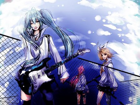 Hatsune Miku, Megurine Luka, and Kagamine Rin - guitar, anime, kagemine rin, megurine luka, hatsune miku, vocaloids