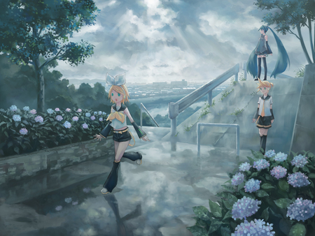 Hatsune Miku, Kagamine Rin, and Kagamine Len - flowers, kagamine rin, anime, kagamine len, hatsune miku, vocaloids, cloudy