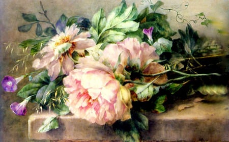 Peonies And Morning Glory Still - peonies, painting, pink peonies, table top, leaves, purple morning glories