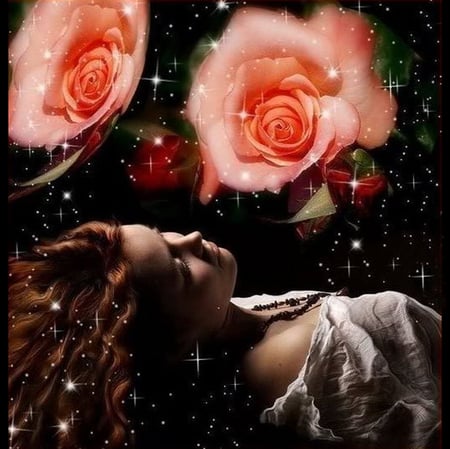 Dream roses - girls, stars, roses, hot, space, witch, abstract, art, red, 3d