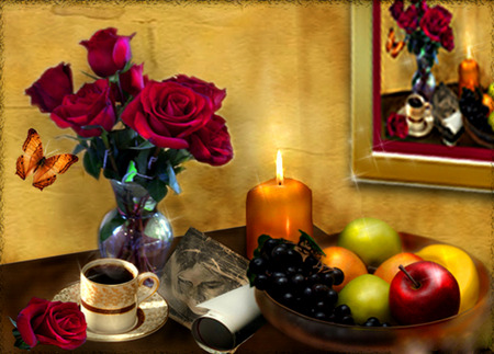 Mirror Image - candle, roses, bowl, coffee cup, saucer, still life, fruit, vase, painting, bolw, butterfly, mirror, table, photograph