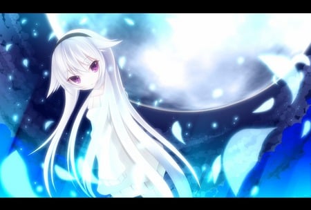 jewel of the night - moon, anime, purple, girl, long hair, white hair, blue eyes