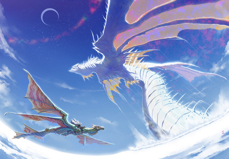 Fantasy world - sky, fantasy, wing, moon, dragon, ocean