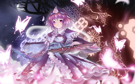 Dreaming Ghost - touhou, butterfly, yuyuko, moon, saigyouzi, girl