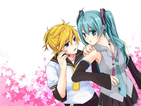 Hatsune Miku and Kagamine Len - vocaloids, hatsune miku, pink, anime, ipod, kagamine len, earphones