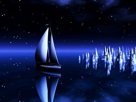 Night winds - calm, water, blue, sailboat, darkness