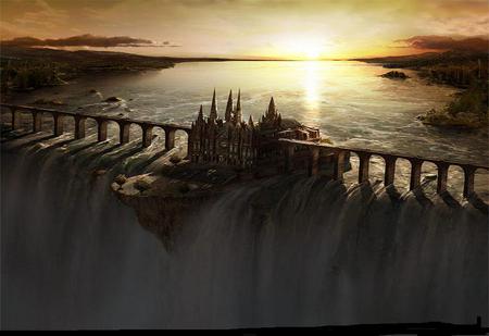 Waterfall Castle - abstract, bridges, waterfalls, water, falls, river, waterfall, castle, bridge