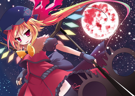 flandre scarlet - side ponytail, moon, touhou, wing, red, girl, flandre, scarlet